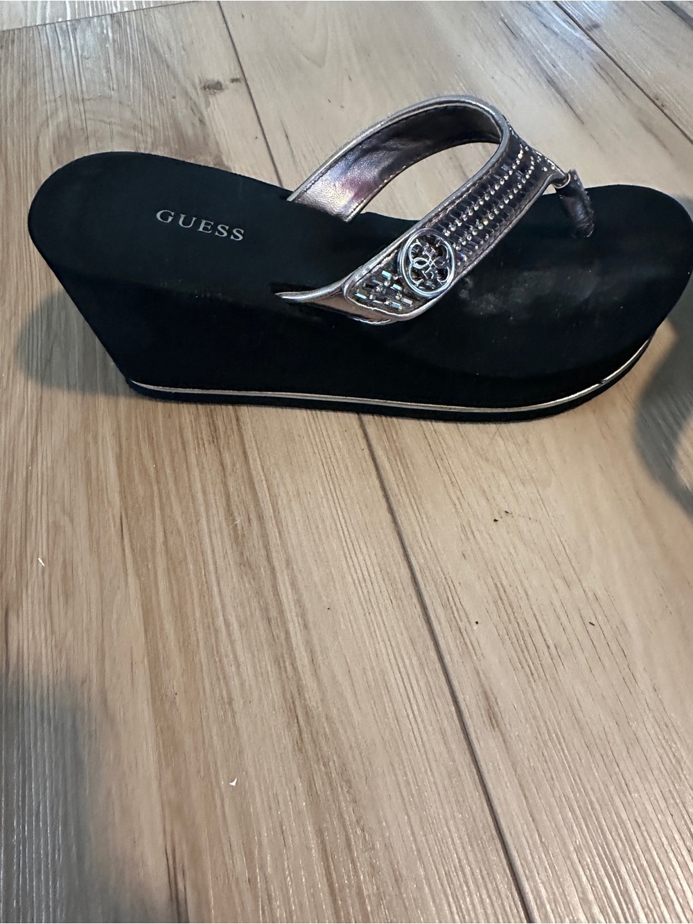 GUESS Black Wedge Sandals with Silver Metallic Straps - Picture 3 of 8